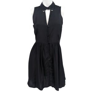 Black Mini Dress Tunic Metal Collar Button Front Dark Academia Goth Preppy Sz 4